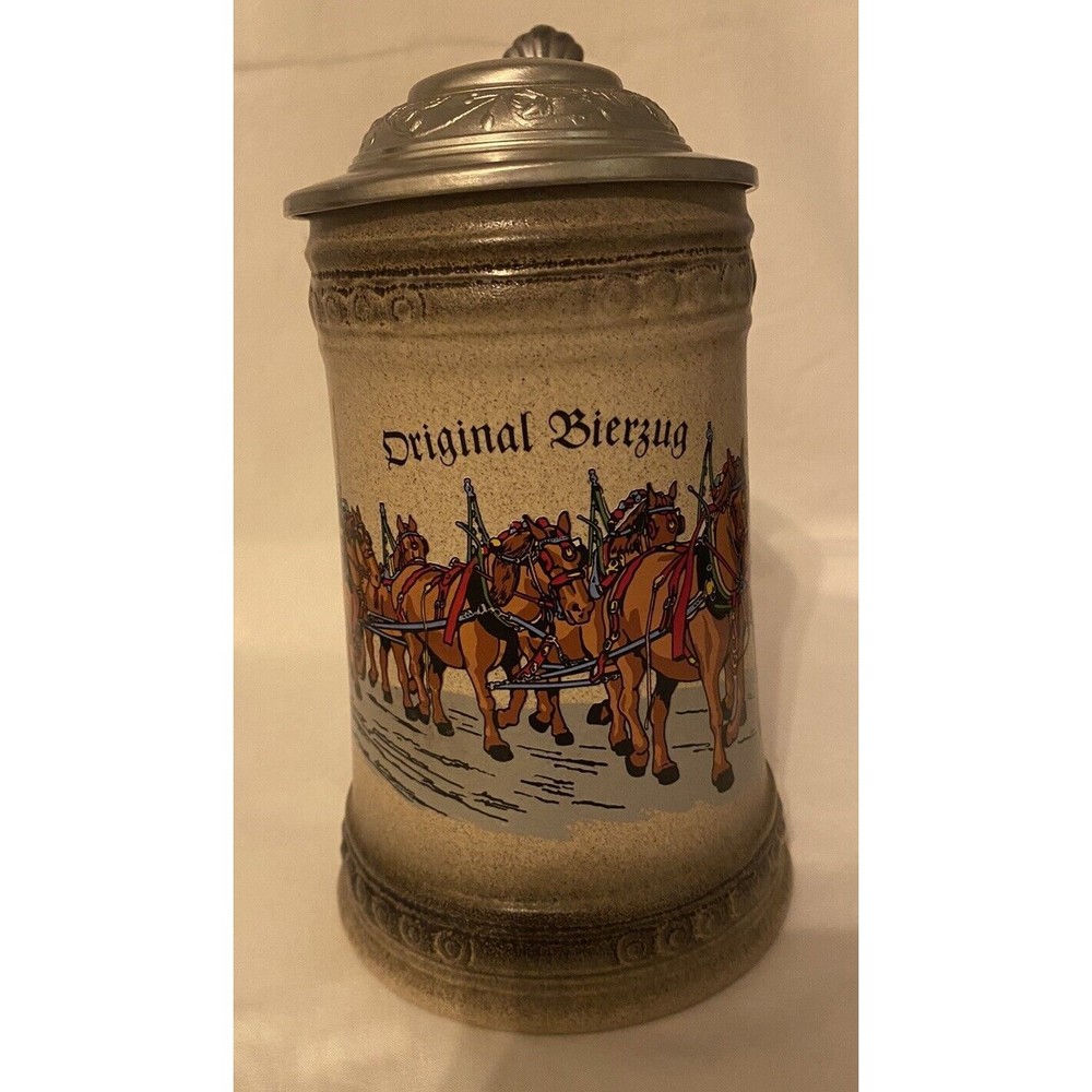 German Pewter Lidded Beer Stein Original Bierguz Clydesdale Horses